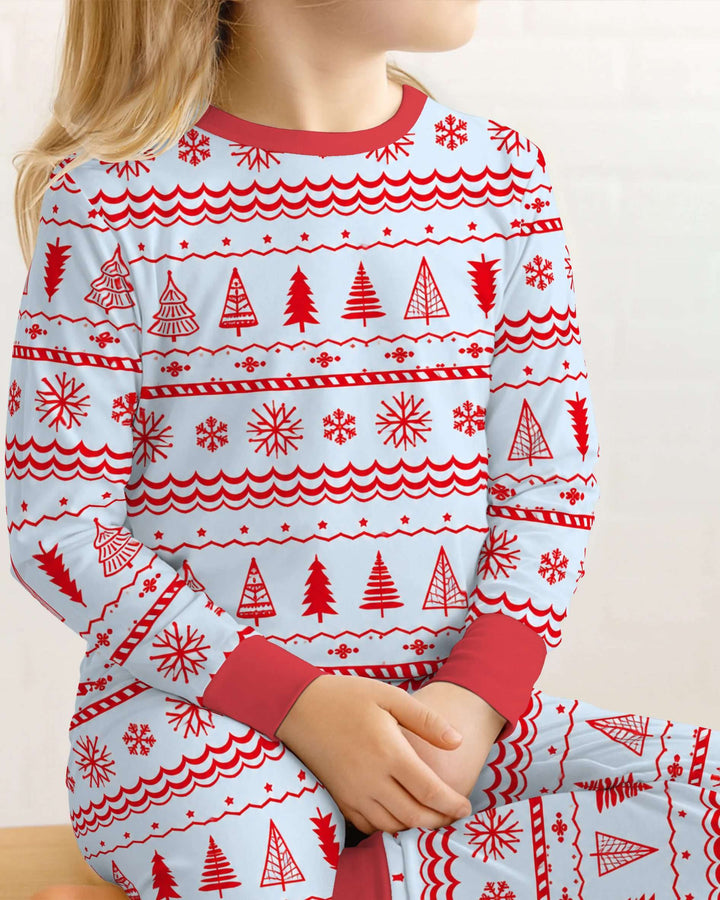 Red Nordic Christmas Trees & Snowflakes Bamboo Two Piece Long Sleeve Pajama Set