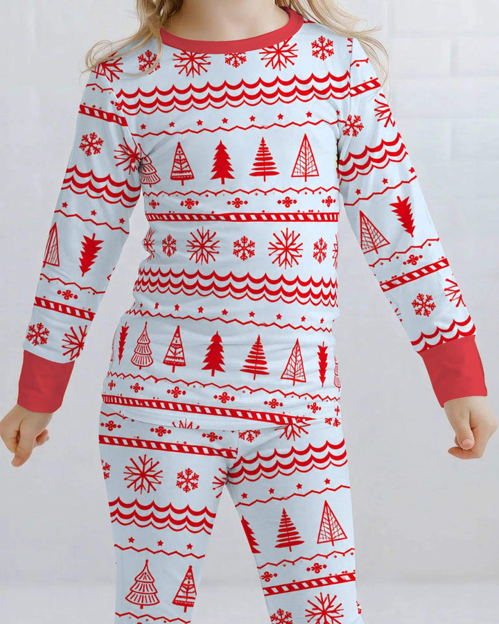 Red Nordic Christmas Trees & Snowflakes Bamboo Two Piece Long Sleeve Pajama Set