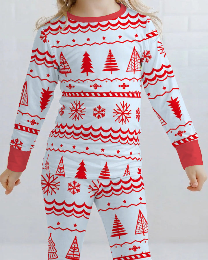 Red Nordic Christmas Trees & Snowflakes Bamboo Two Piece Long Sleeve Pajama Set