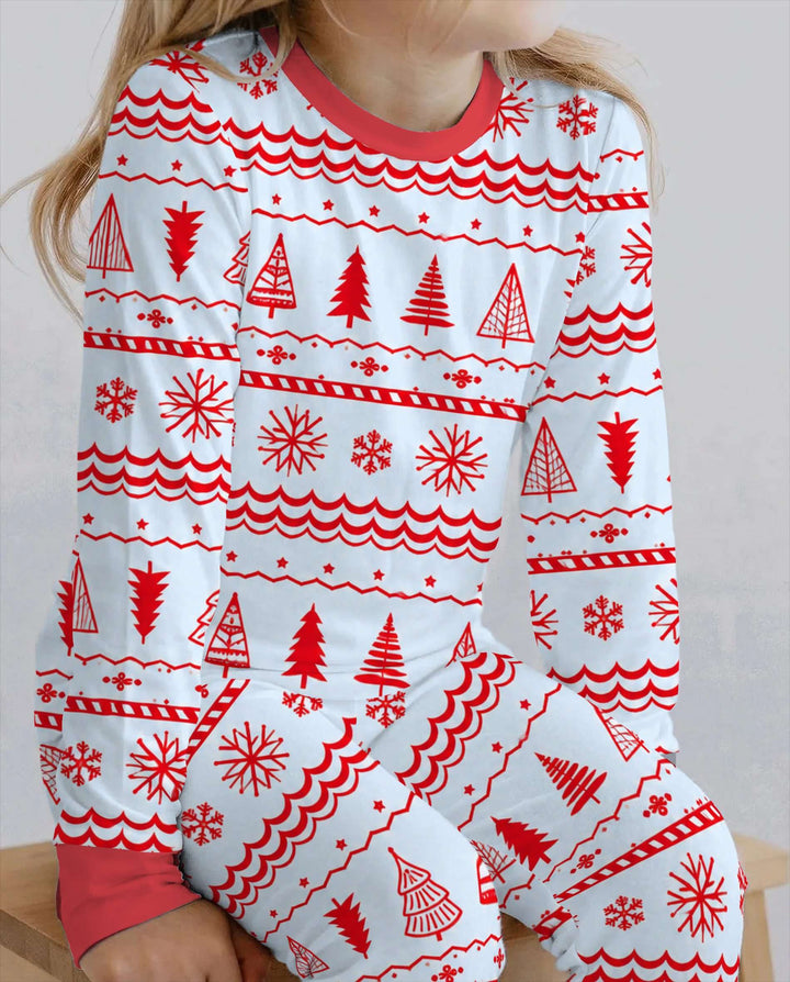 Red Nordic Christmas Trees & Snowflakes Bamboo Two Piece Long Sleeve Pajama Set