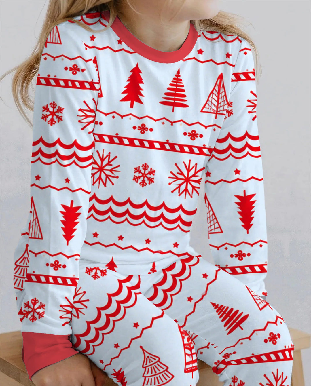 Red Nordic Christmas Trees & Snowflakes Bamboo Two Piece Long Sleeve Pajama Set