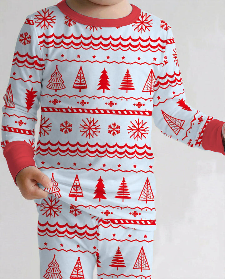 Red Nordic Christmas Trees & Snowflakes Bamboo Two Piece Long Sleeve Pajama Set