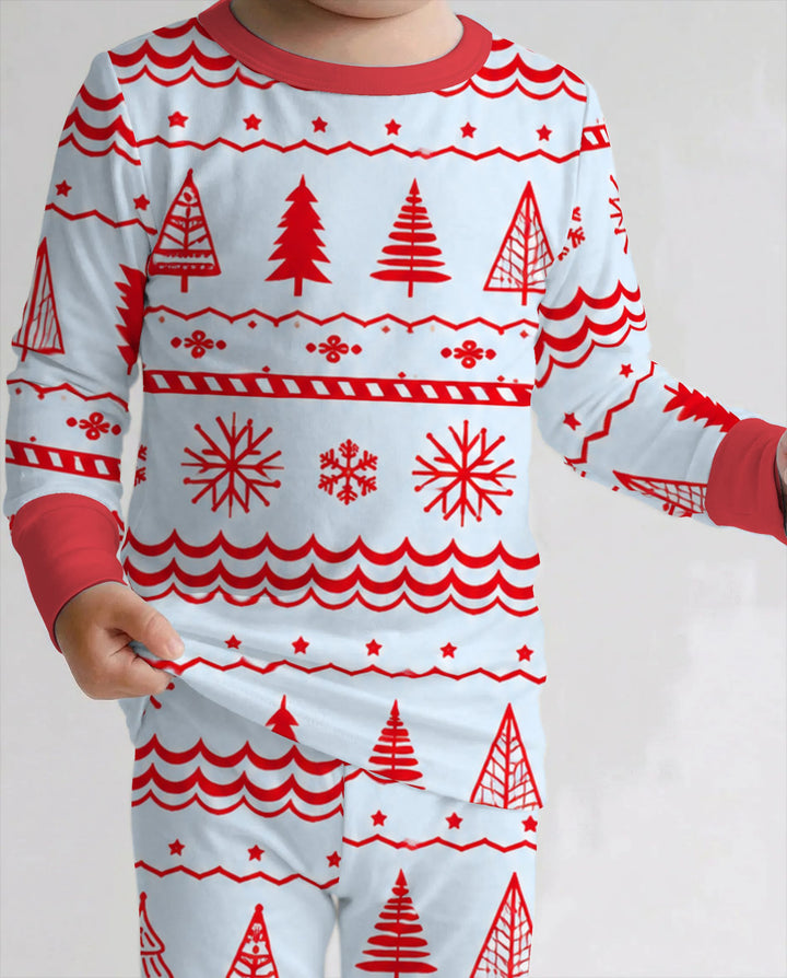 Red Nordic Christmas Trees & Snowflakes Bamboo Two Piece Long Sleeve Pajama Set