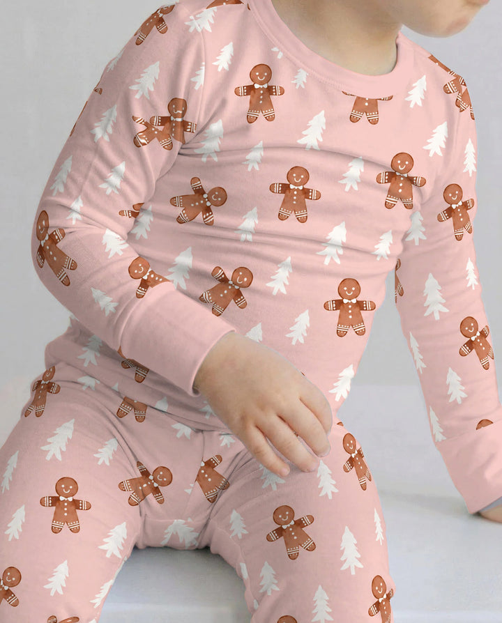 Pink Gingerbread Christmas Forest Bamboo Two Piece Long Sleeve Pajama Set