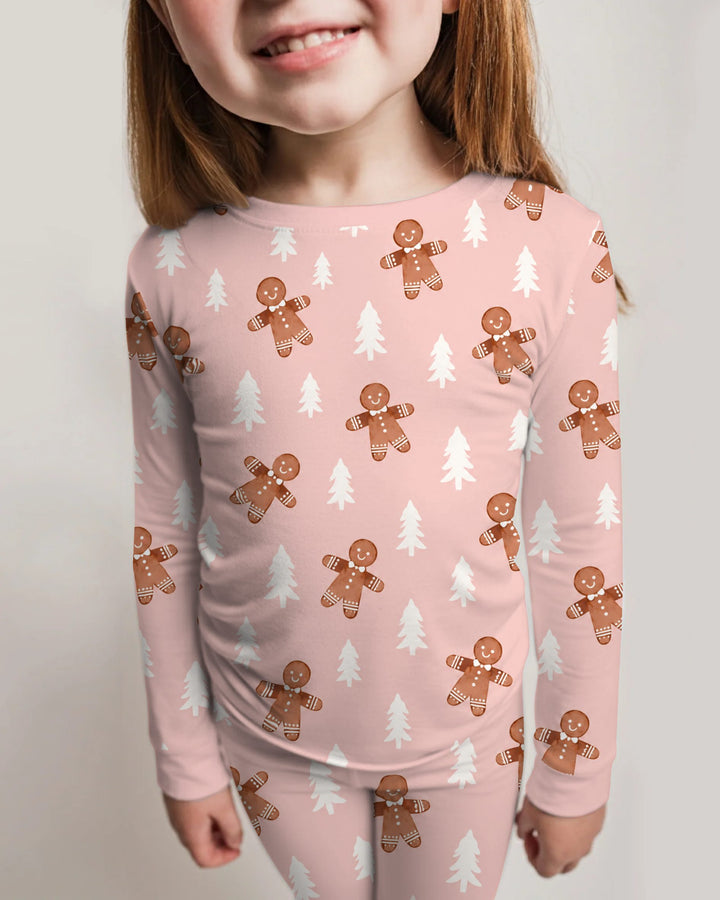 Pink Gingerbread Christmas Forest Bamboo Two Piece Long Sleeve Pajama Set