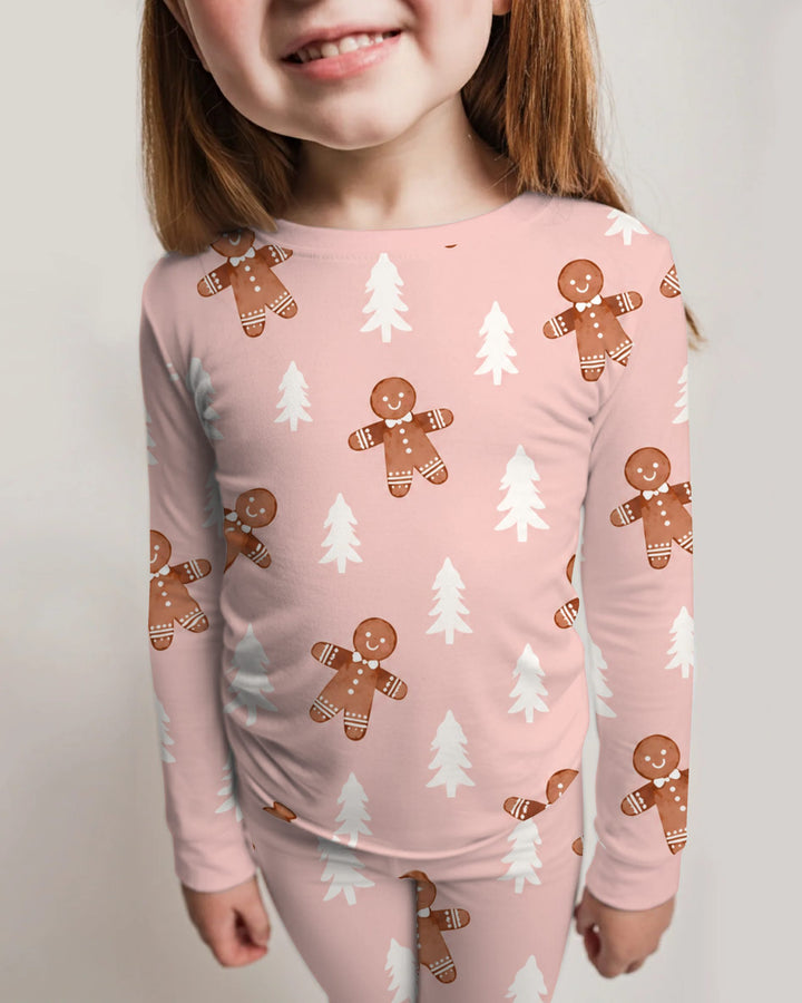 Pink Gingerbread Christmas Forest Bamboo Two Piece Long Sleeve Pajama Set