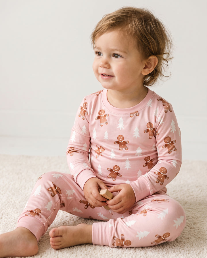 Pink Gingerbread Christmas Forest Bamboo Two Piece Long Sleeve Pajama Set