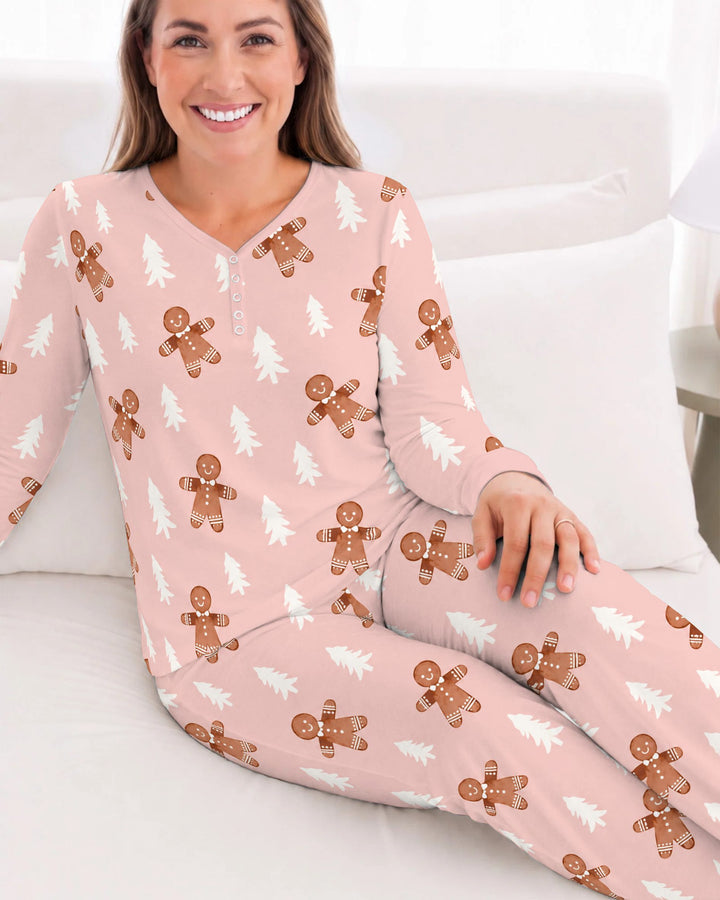 Pink Gingerbread Christmas Forest Bamboo Women Pajama Set