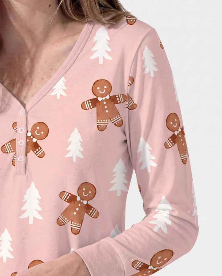 Pink Gingerbread Christmas Forest Bamboo Women Pajama Set