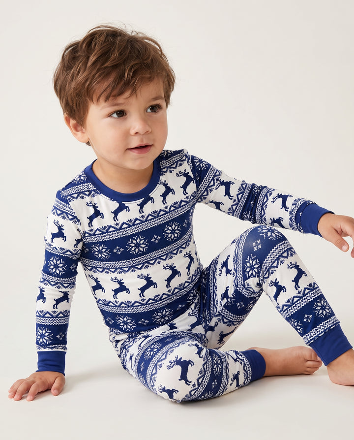 Navy Nordic Reindeer Fair Isle Bamboo Two Piece Long Sleeve Pajama Set