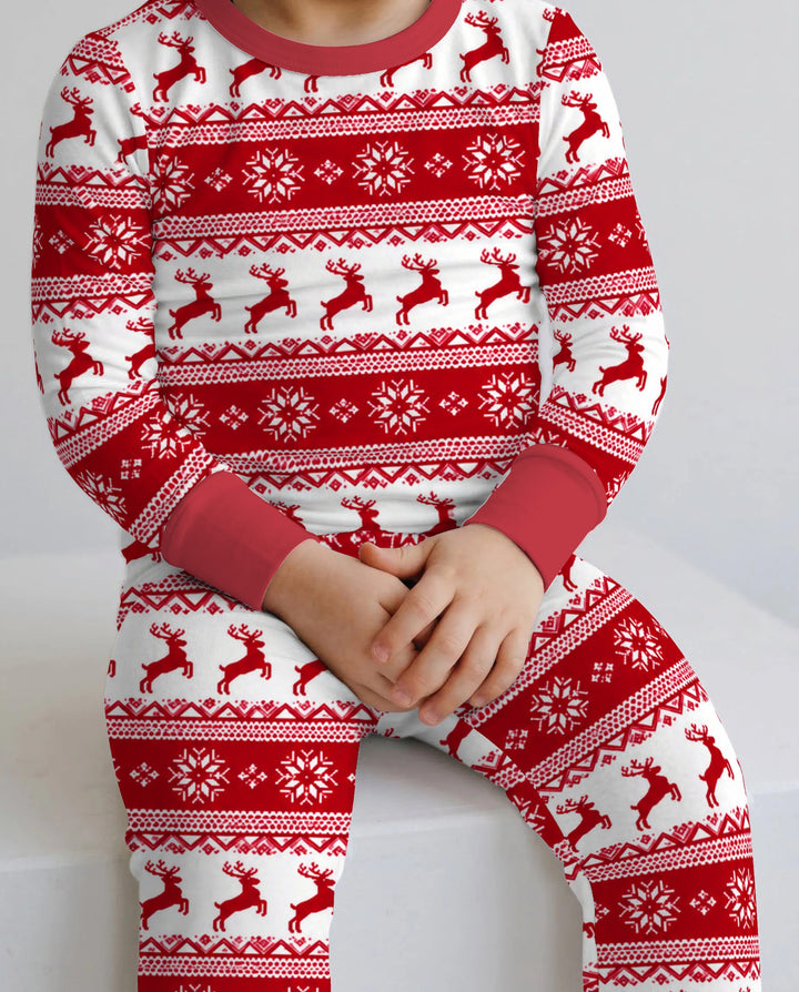 Red Nordic Reindeer Fair Isle Bamboo Two Piece Long Sleeve Pajama Set