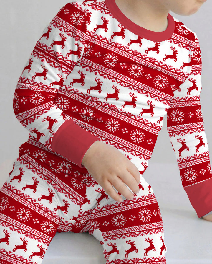 Red Nordic Reindeer Fair Isle Bamboo Two Piece Long Sleeve Pajama Set