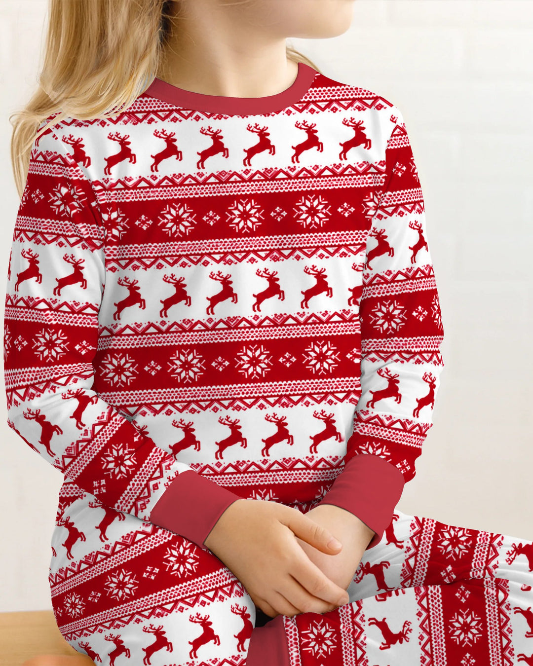 Red Nordic Reindeer Fair Isle Bamboo Two Piece Long Sleeve Pajama Set