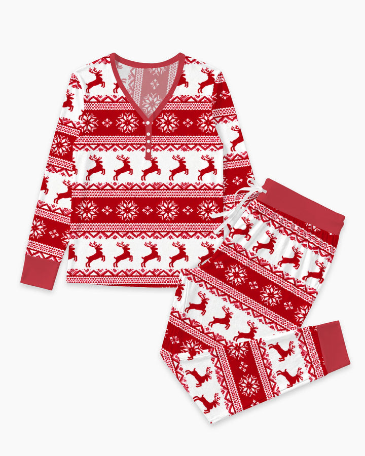 Red Nordic Reindeer Fair Isle Bamboo Women Pajama Set