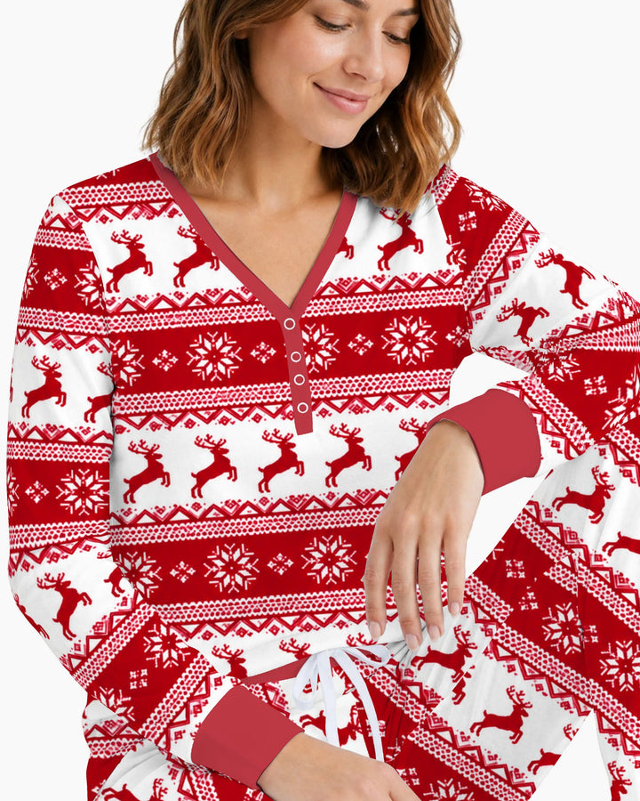 Red Nordic Reindeer Fair Isle Bamboo Women Pajama Set
