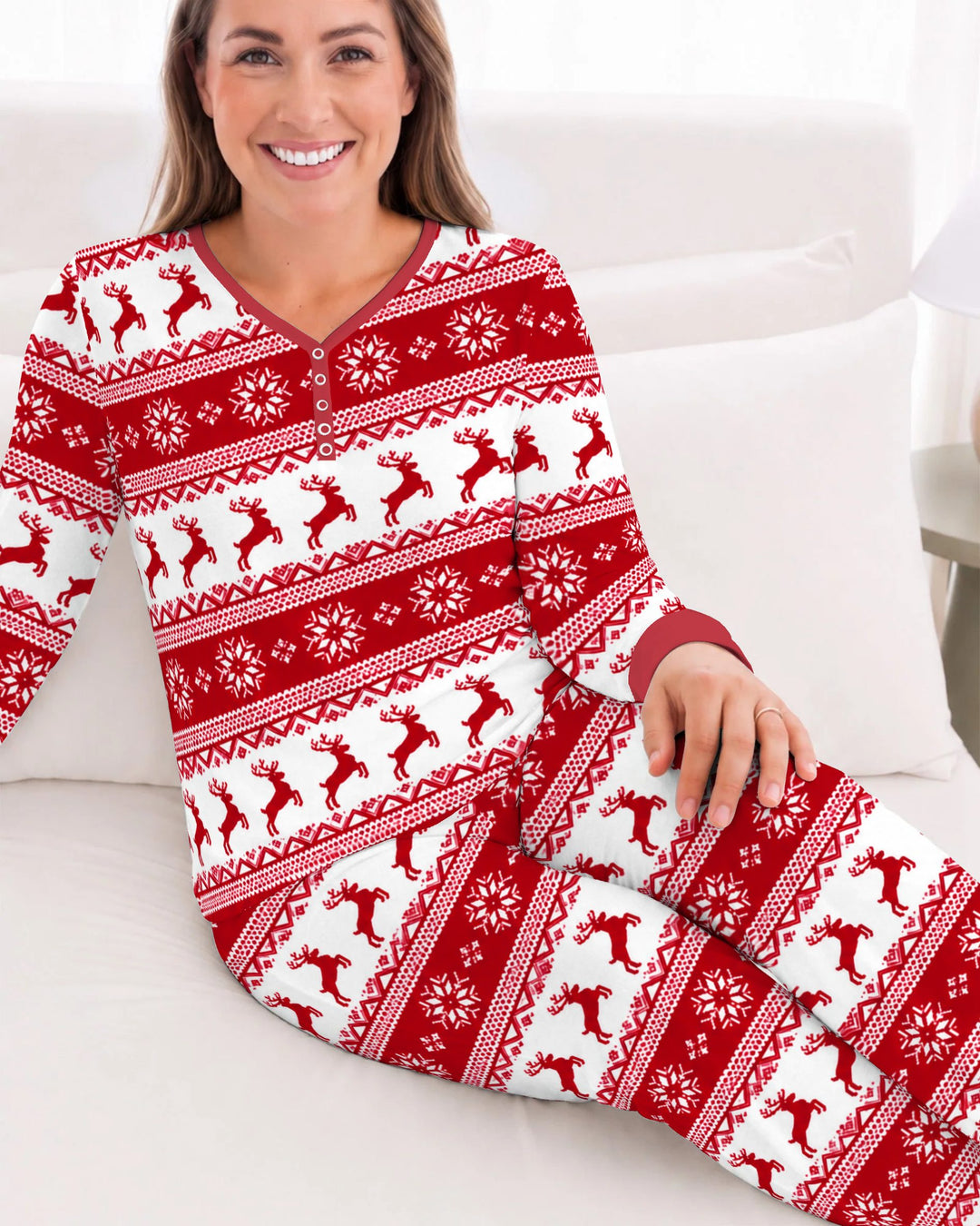 Red Nordic Reindeer Fair Isle Bamboo Women Pajama Set