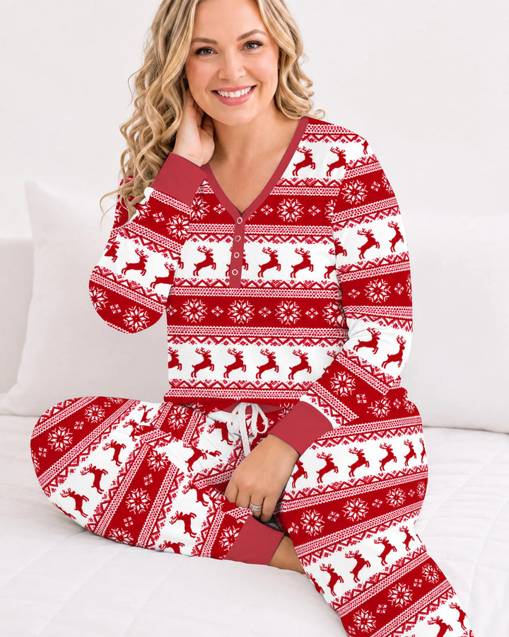 Red Nordic Reindeer Fair Isle Bamboo Women Pajama Set