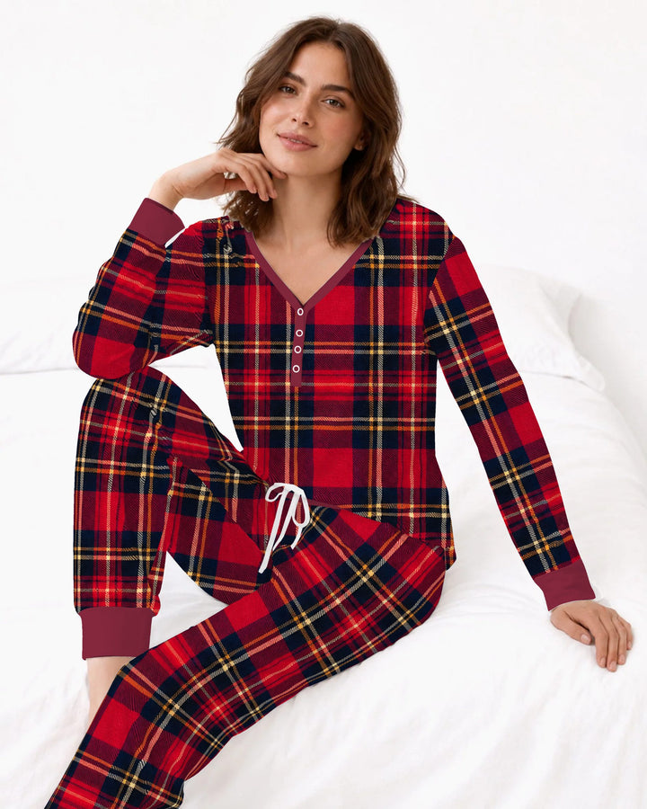 Classic Red Christmas Tartan Plaid Bamboo Women Pajama Set