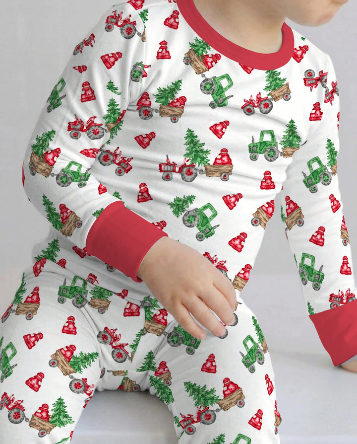Christmas Tree Farm Tractor & Winter Hats Bamboo Two Piece Long Sleeve Pajama Set