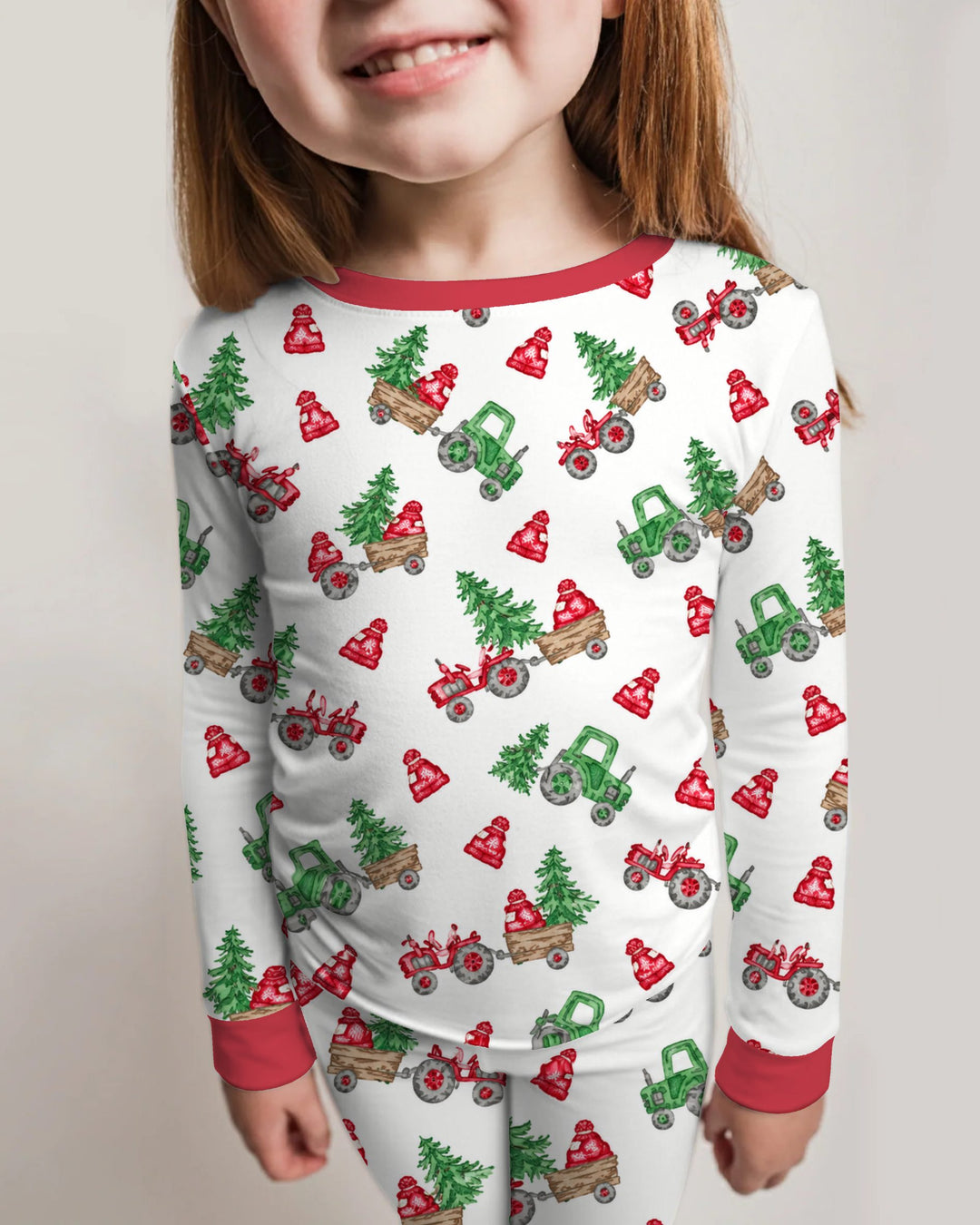 Christmas Tree Farm Tractor & Winter Hats Bamboo Two Piece Long Sleeve Pajama Set