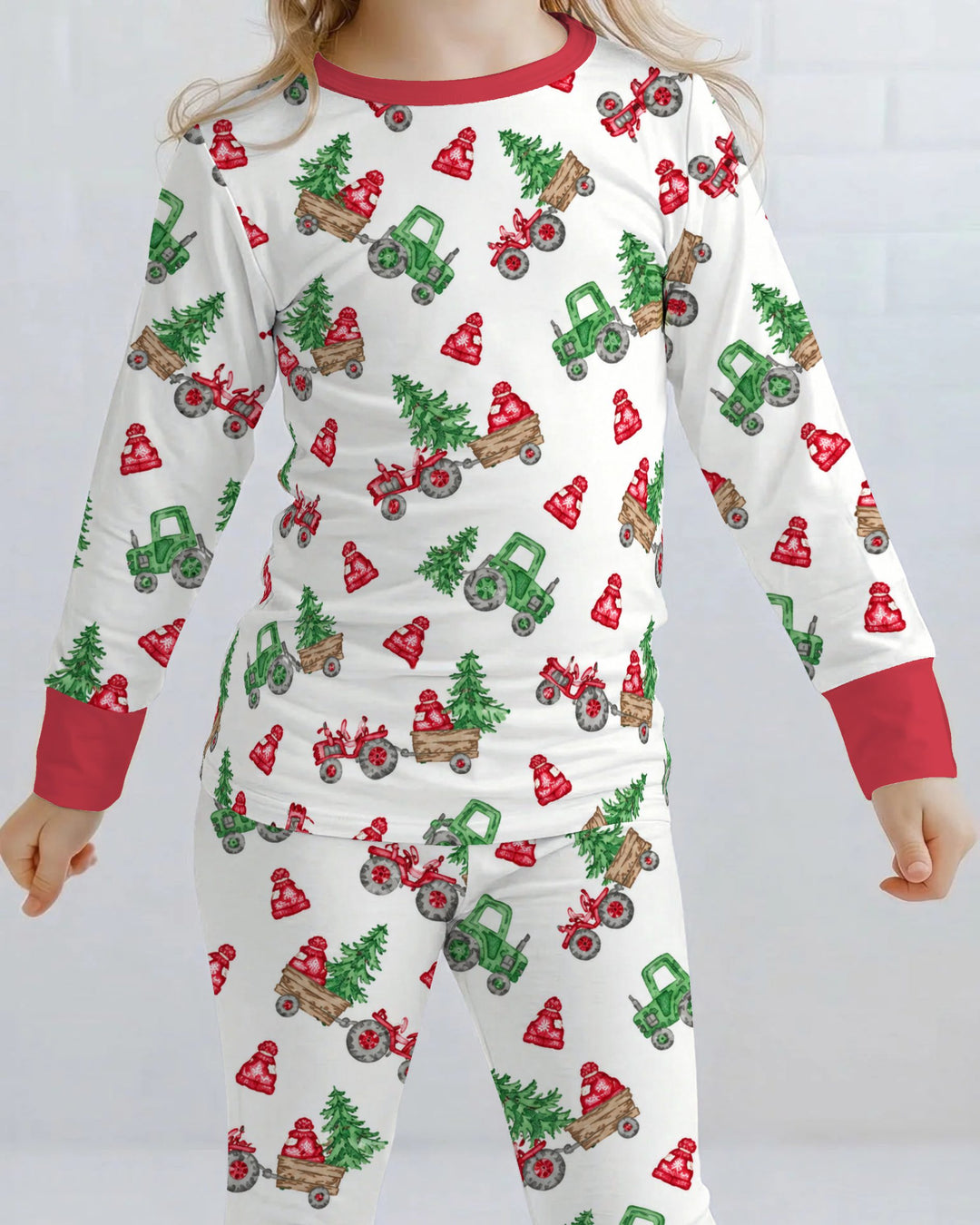 Christmas Tree Farm Tractor & Winter Hats Bamboo Two Piece Long Sleeve Pajama Set