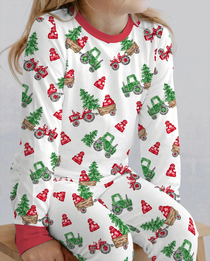 Christmas Tree Farm Tractor & Winter Hats Bamboo Two Piece Long Sleeve Pajama Set