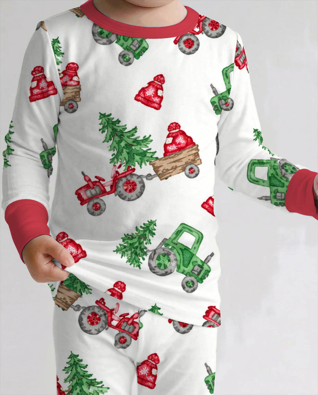 Christmas Tree Farm Tractor & Winter Hats Bamboo Two Piece Long Sleeve Pajama Set