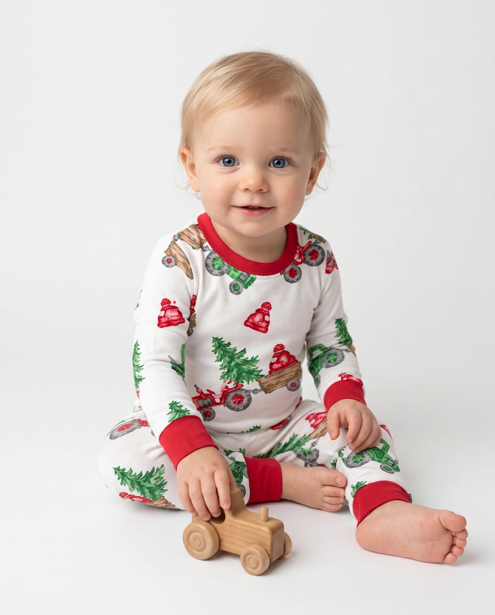 Christmas Tree Farm Tractor & Winter Hats Bamboo Two Piece Long Sleeve Pajama Set