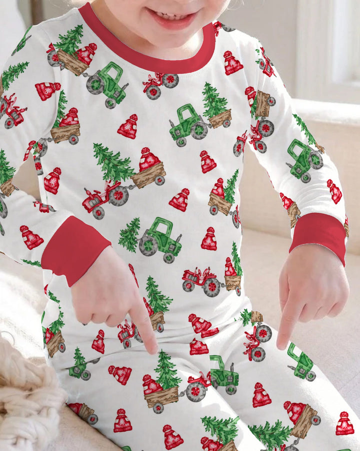 Christmas Tree Farm Tractor & Winter Hats Bamboo Two Piece Long Sleeve Pajama Set