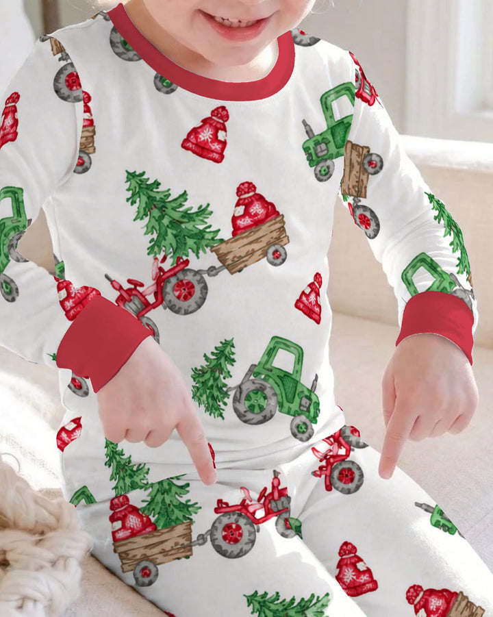 Christmas Tree Farm Tractor & Winter Hats Bamboo Two Piece Long Sleeve Pajama Set