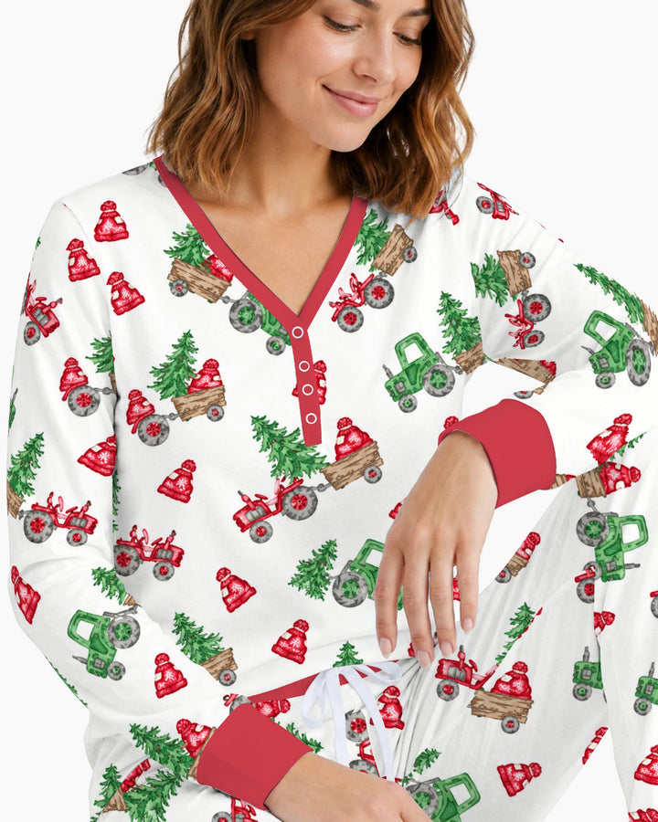 Christmas Tree Farm Tractor & Winter Hats Bamboo Women Pajama Set