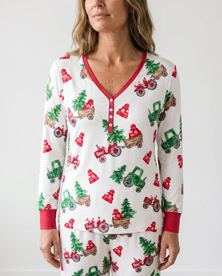 Christmas Tree Farm Tractor & Winter Hats Bamboo Women Pajama Set