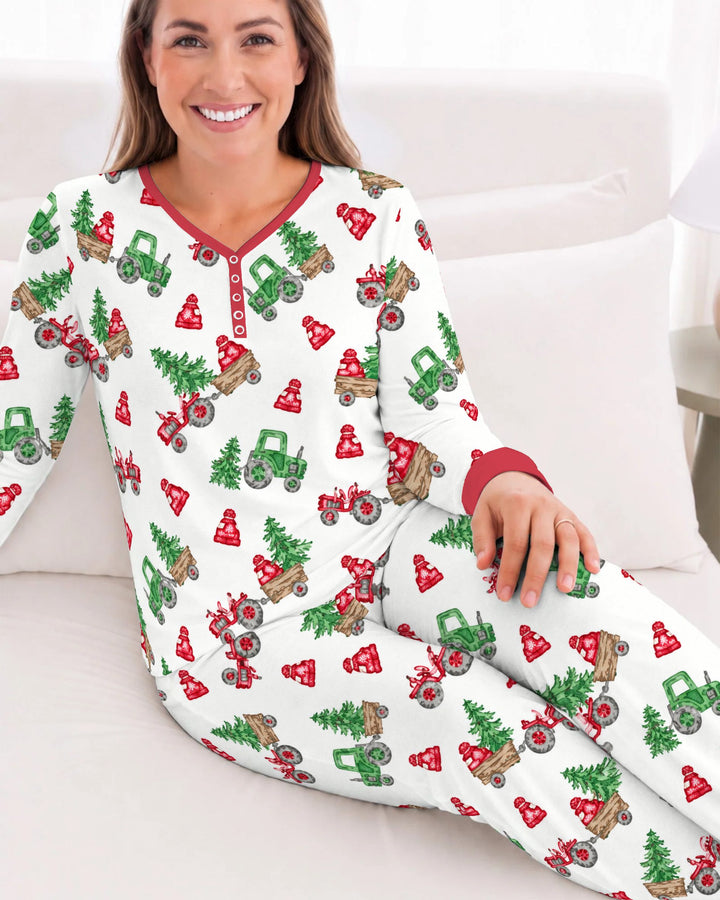 Christmas Tree Farm Tractor & Winter Hats Bamboo Women Pajama Set