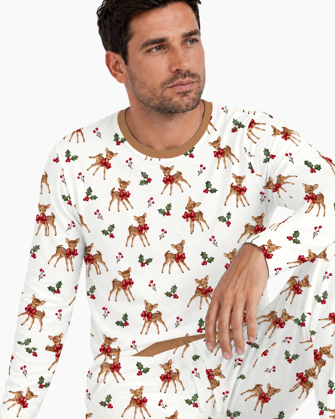 Vintage Christmas Fawn & Holly Bows Bamboo Men's Pajama Set