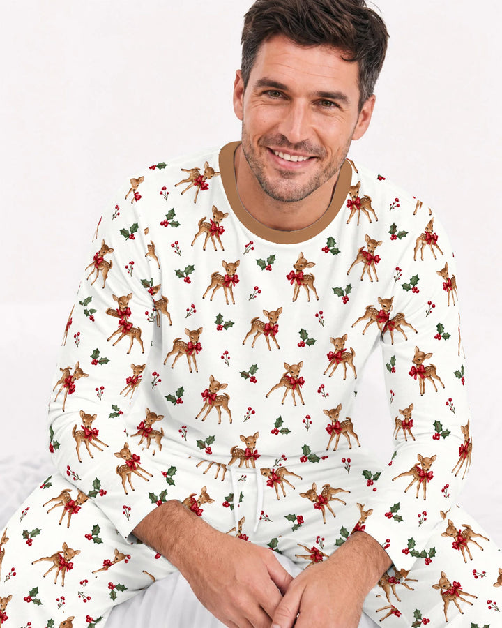 Vintage Christmas Fawn & Holly Bows Bamboo Men's Pajama Set