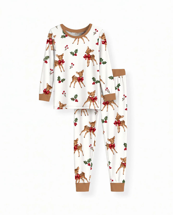 Vintage Christmas Fawn & Holly Bows Bamboo Two Piece Long Sleeve Pajama Set