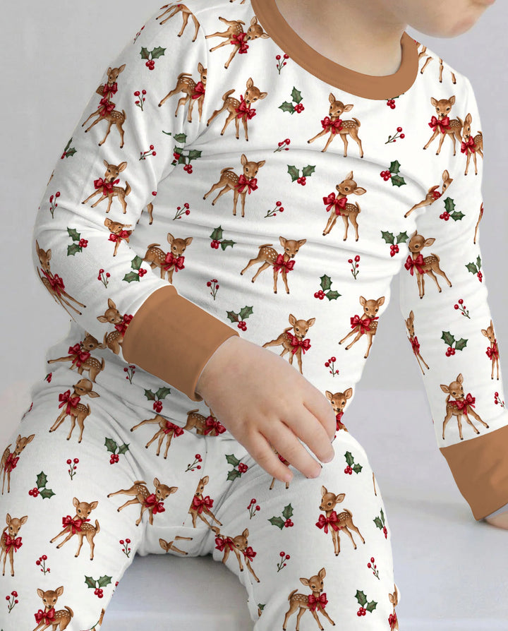 Vintage Christmas Fawn & Holly Bows Bamboo Two Piece Long Sleeve Pajama Set