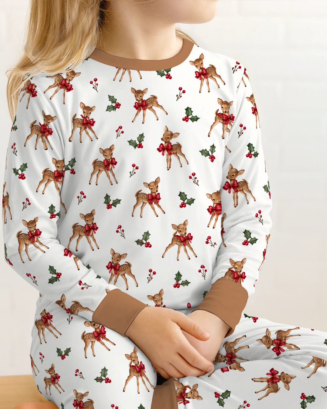 Vintage Christmas Fawn & Holly Bows Bamboo Two Piece Long Sleeve Pajama Set