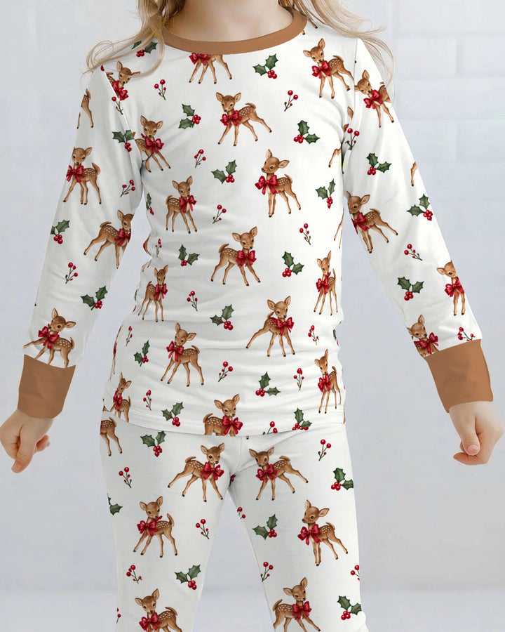 Vintage Christmas Fawn & Holly Bows Bamboo Two Piece Long Sleeve Pajama Set