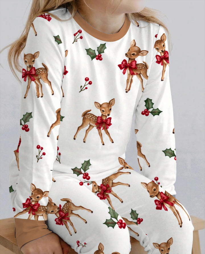 Vintage Christmas Fawn & Holly Bows Bamboo Two Piece Long Sleeve Pajama Set