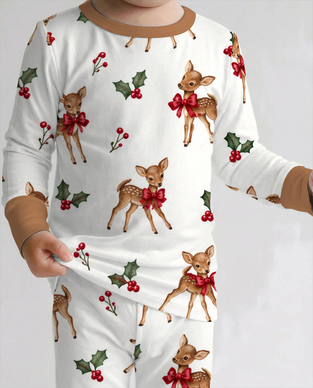 Vintage Christmas Fawn & Holly Bows Bamboo Two Piece Long Sleeve Pajama Set