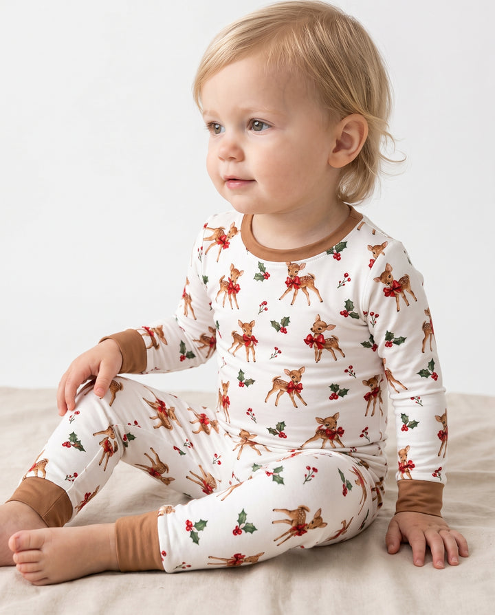 Vintage Christmas Fawn & Holly Bows Bamboo Two Piece Long Sleeve Pajama Set