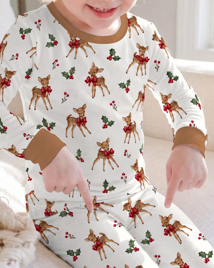 Vintage Christmas Fawn & Holly Bows Bamboo Two Piece Long Sleeve Pajama Set