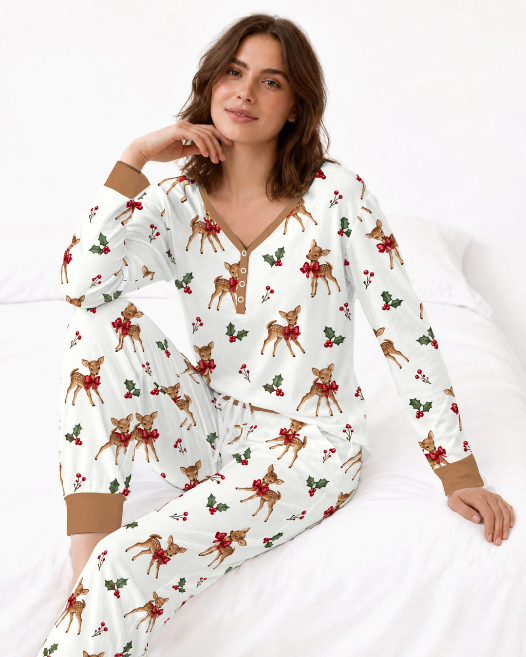 Vintage Christmas Fawn & Holly Bows Bamboo Women Pajama Set
