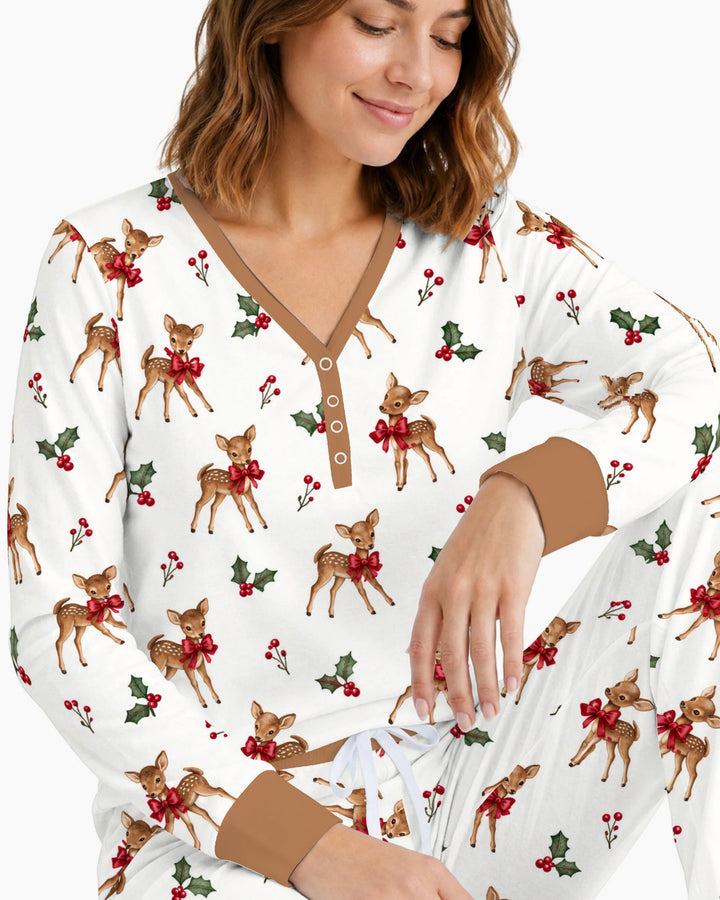 Vintage Christmas Fawn & Holly Bows Bamboo Women Pajama Set