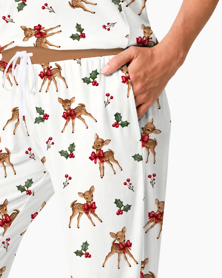 Vintage Christmas Fawn & Holly Bows Bamboo Women Pajama Set