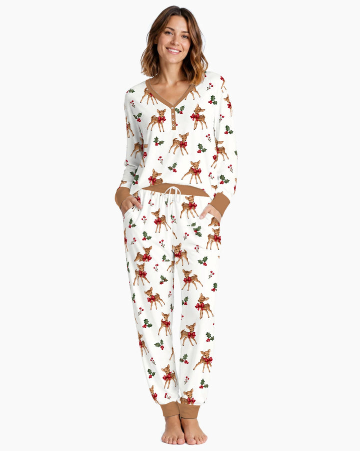 Vintage Christmas Fawn & Holly Bows Bamboo Women Pajama Set