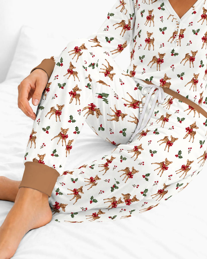 Vintage Christmas Fawn & Holly Bows Bamboo Women Pajama Set
