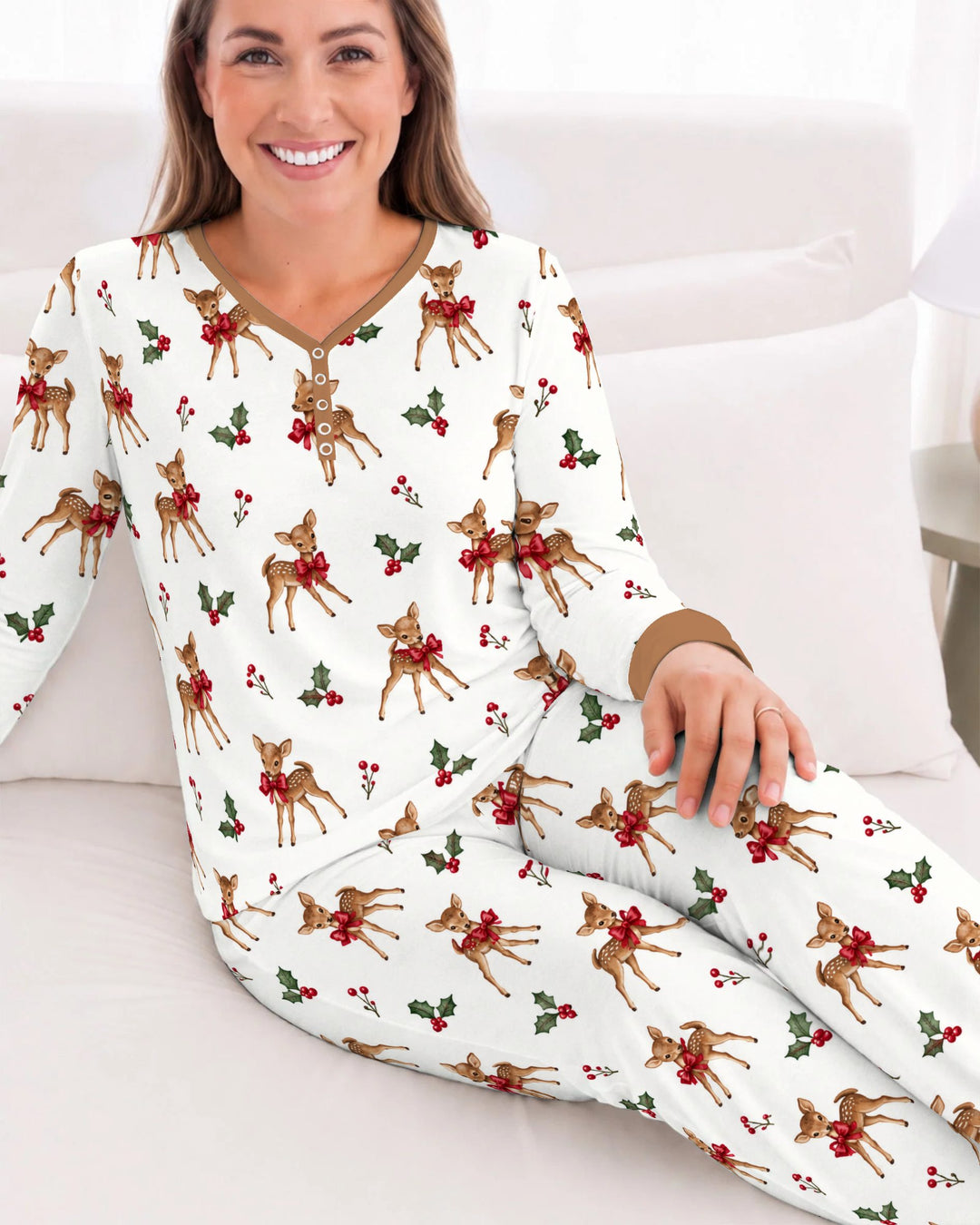 Vintage Christmas Fawn & Holly Bows Bamboo Women Pajama Set