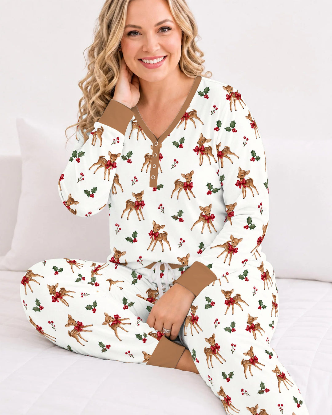 Vintage Christmas Fawn & Holly Bows Bamboo Women Pajama Set